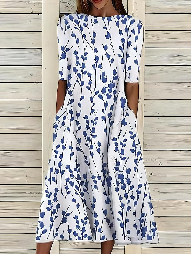 Annemarie Blau Botanisches Blatt-Print Midi Kleid für Damen | Leichte A-Linie mit Taschen | Sommer - S/M/L/XL/2XL/3XL/4XL/5XL