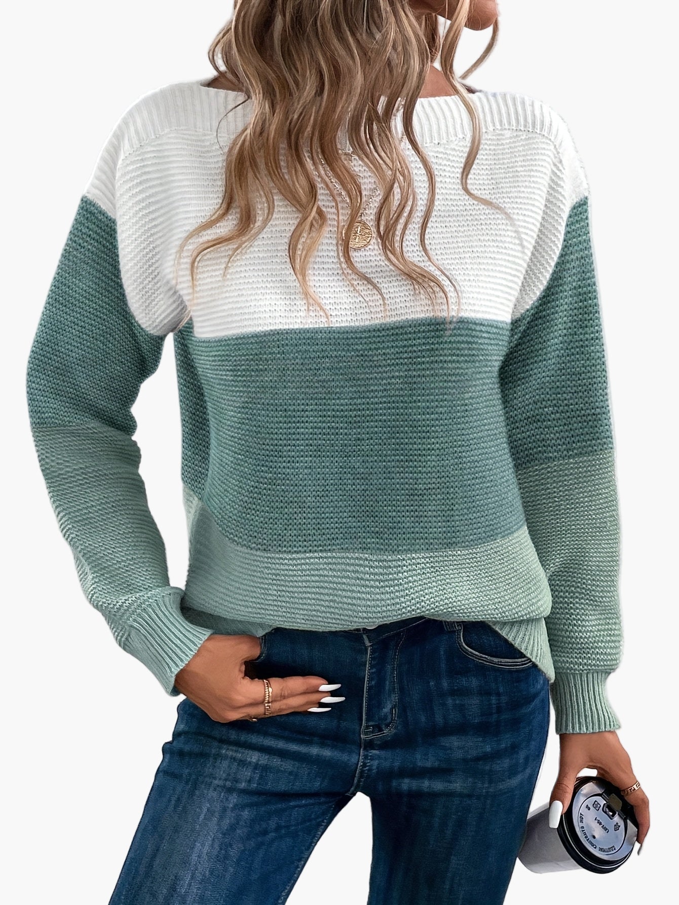Brigitte Grün Colorblock Strickpullover für Damen | Oversized Rundhals Casual Herbst Winter - S/M/L/XL