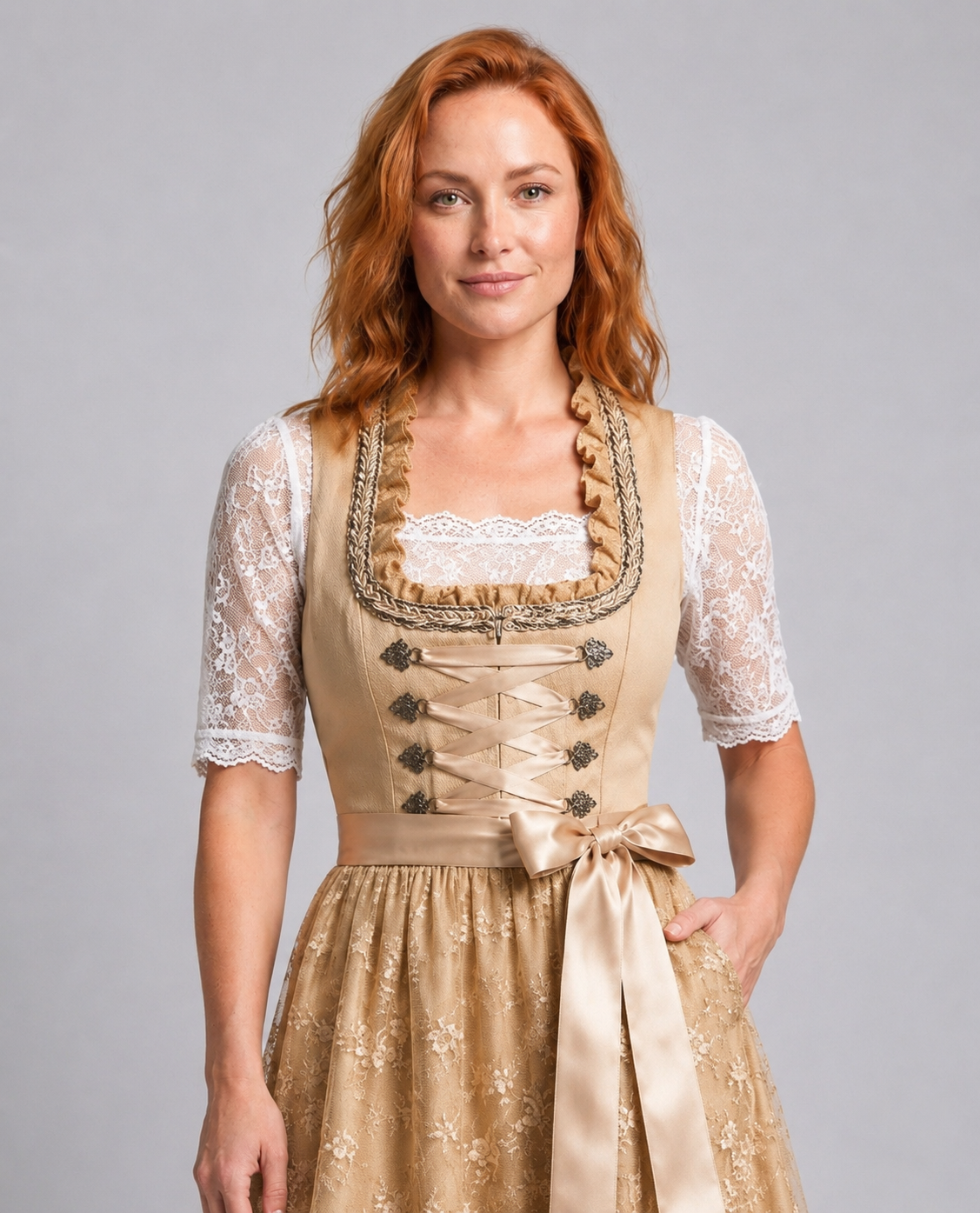 Barbara Champagner Geblümtes Spitzen-Dirndlkleid für Damen | Oktoberfest Trachten Festlich - S/M/L/XL/2XL/3XL/4XL/5XL