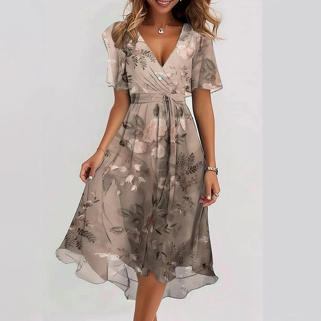Monika Blau Bedrucktes V-Ausschnitt Sommerkleid für Damen | Leicht Fliessend | Sommerurlaub - S-3XL