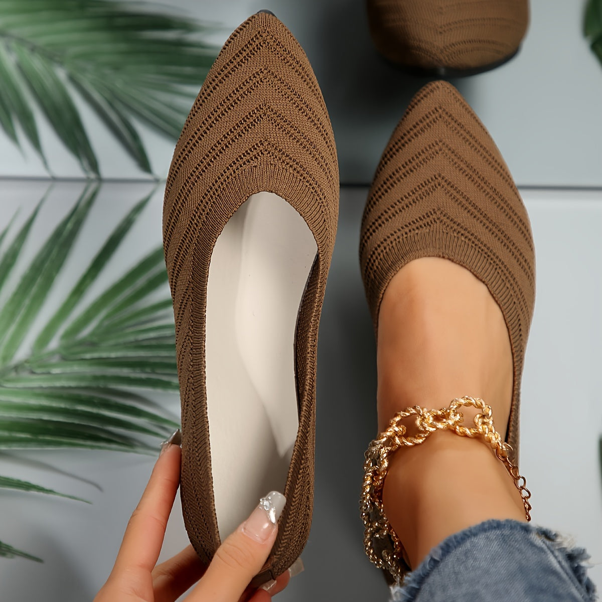Nadine Aprikose Gestrickte Spitzschuh Flats für Damen | Leichter Slip-On Komfort | Alltag und Büro - 35/36/37/38/39/40/41/42/43