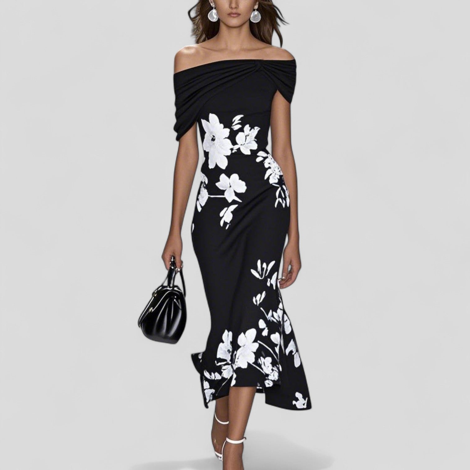 Ida Grün Geblümtes Schulterfreies Midikleid für Damen | Elegante Meerjungfrau-Silhouette | Hochzeit - Rüschenabschluss - 2XS-4XL