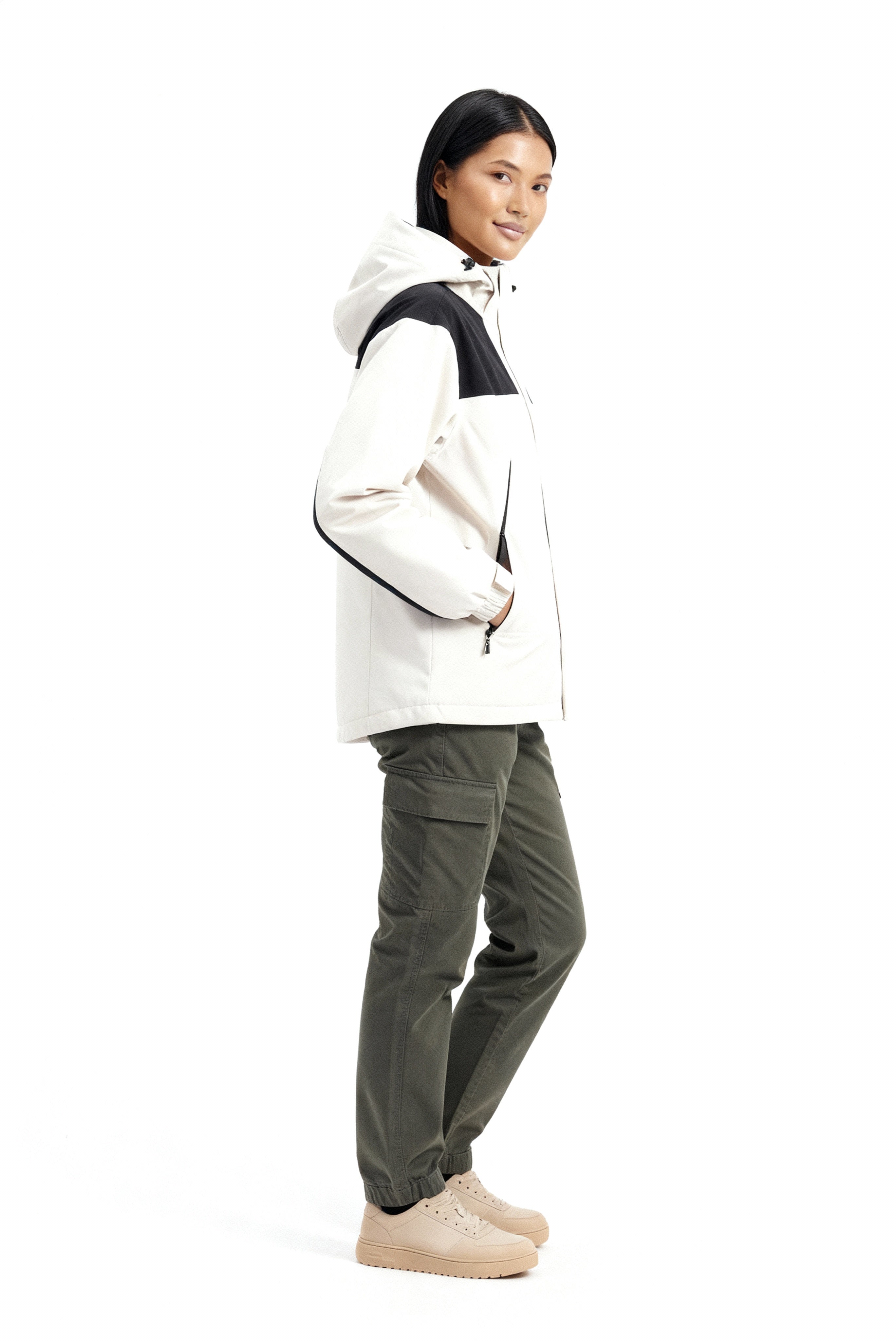 Monika Elfenbeinweiss 3-in-1 Fleece-Winterjacke mit Kapuze für Damen | Colourblock Outdoor Winter - XS/S/M/L/XL/2XL