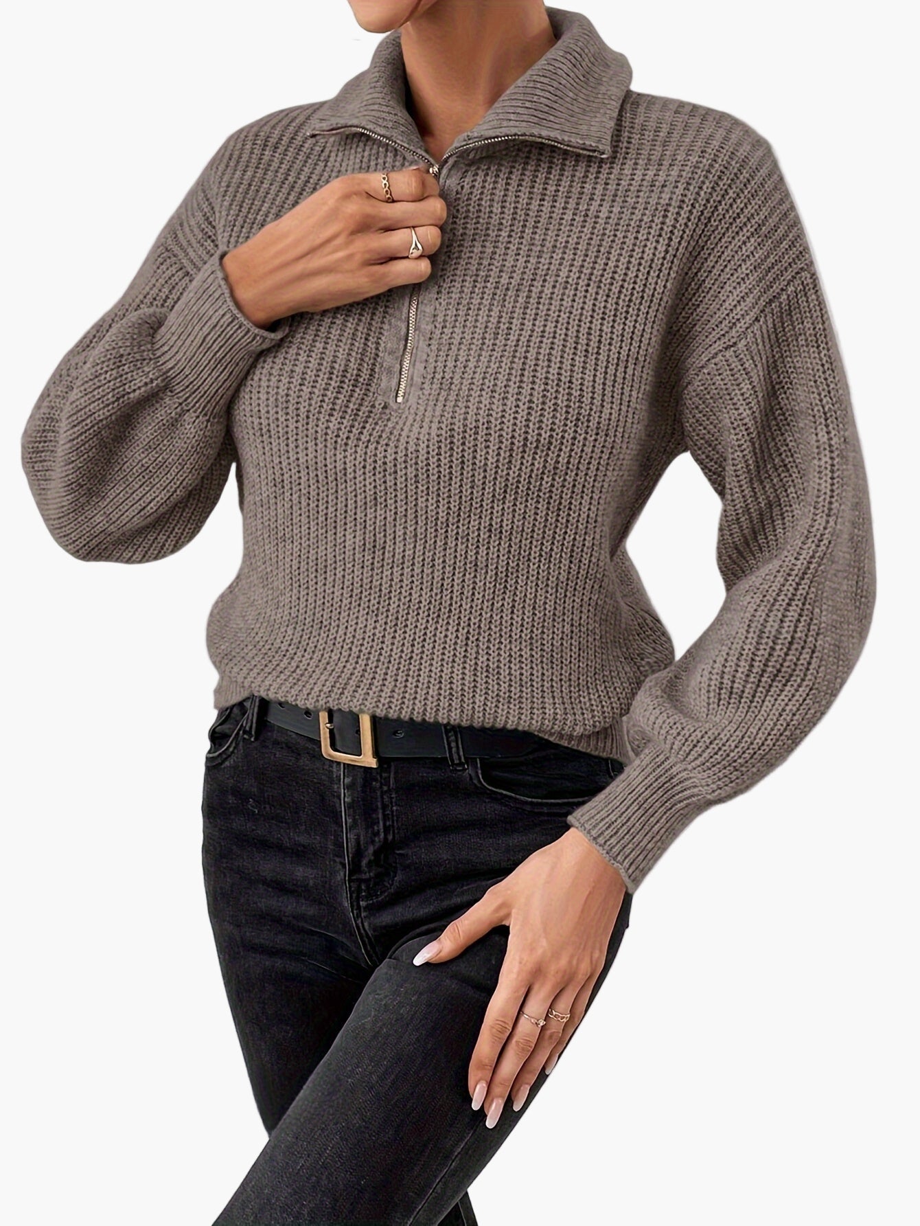 Hildegard Grün Rippenstrick Halbzip-Pullover für Damen | Casual Lapelkragen Langarm - XS/S/M/L