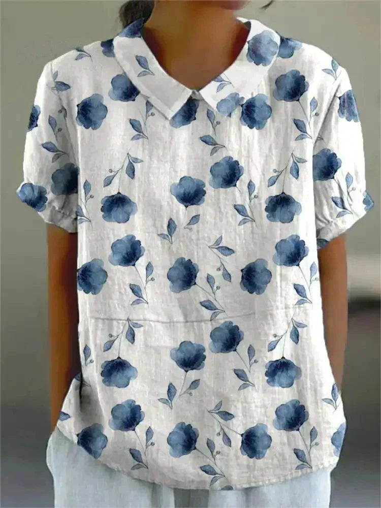 Monika Blau Blumendruck Bluse mit Peter-Pan-Kragen für Damen | Leichter Sommerstil | Alltag und Freizeit - S/M/L/XL/2XL