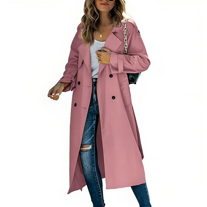 Monika Rosa Zweireihiger Langer Trenchcoat für Damen | Atmungsaktiv Casual Elegant - XS/S/M/L/XL/2XL/3XL