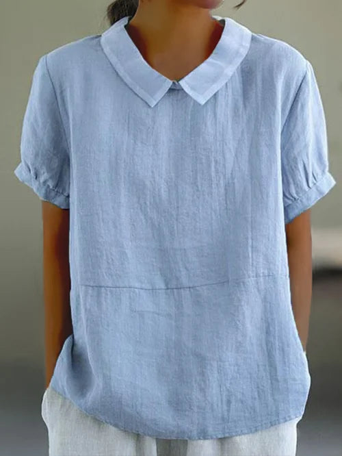 Monika Blau Leinen-Bluse mit Rundkragen für Damen | Luftig Entspannter Schnitt | Alltag & Büro | Kurzarm - S/M/L/XL/2XL/3XL
