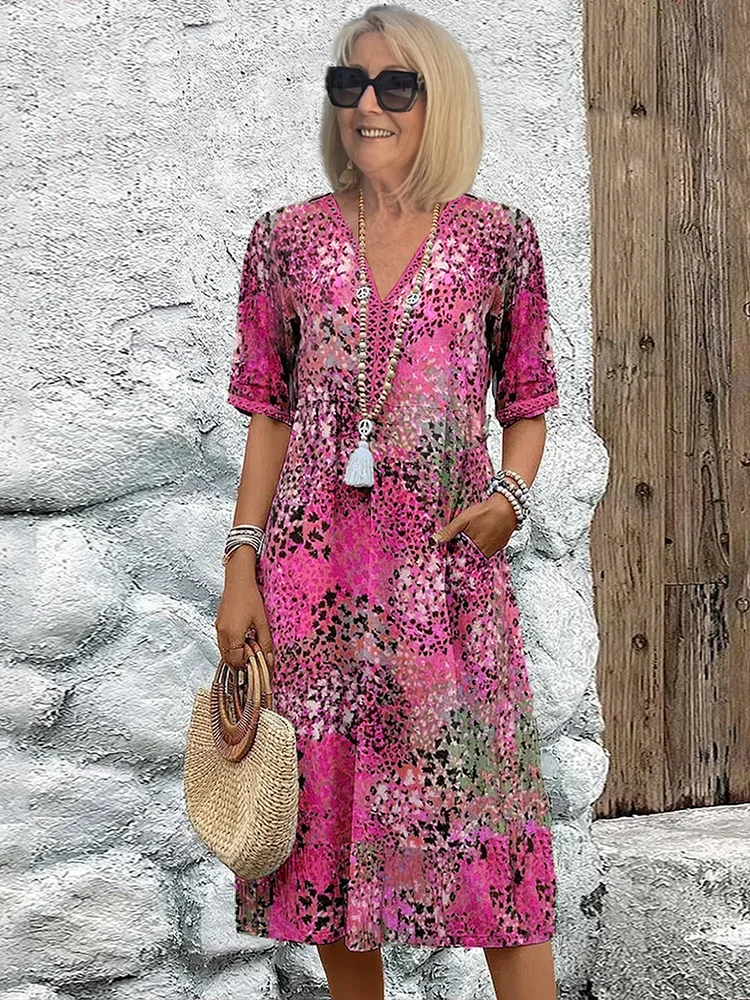 Vreni Beige Floral Print V-Neck Midi Dress for Women | Flowy Relaxed Fit | Sommerurlaub - S/M/L/XL/2XL/3XL