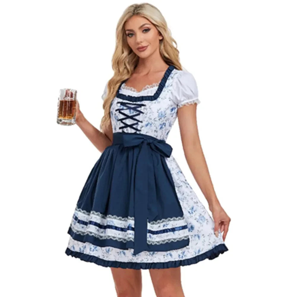 Vreni Dunkelblau Geblümtes Dirndlkleid für Damen mit Schürze | Oktoberfest Trachtenmode - S/M/L/XL