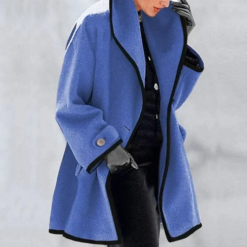 Emma Blau Eleganter Wollmix-Mantel für Damen | Kontrastbesatz Oversized Winter Stil - S/M/L/XL/2XL/3XL/4XL/5XL