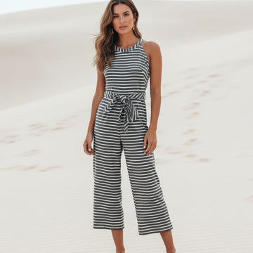 Nadine Schwarz Gestreifter Halter Culotte-Jumpsuit für Damen | Luftig weiter Schnitt | Sommerurlaub und Alltag - S/M/L/XL