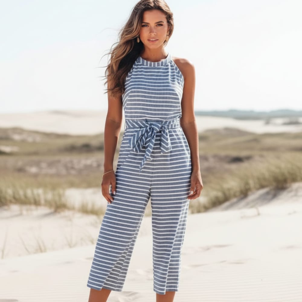 Nadine Schwarz Gestreifter Halter Culotte-Jumpsuit für Damen | Luftig weiter Schnitt | Sommerurlaub und Alltag - S/M/L/XL