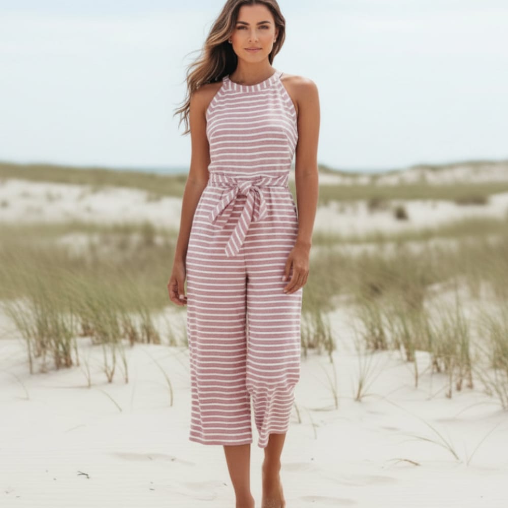 Nadine Schwarz Gestreifter Halter Culotte-Jumpsuit für Damen | Luftig weiter Schnitt | Sommerurlaub und Alltag - S/M/L/XL