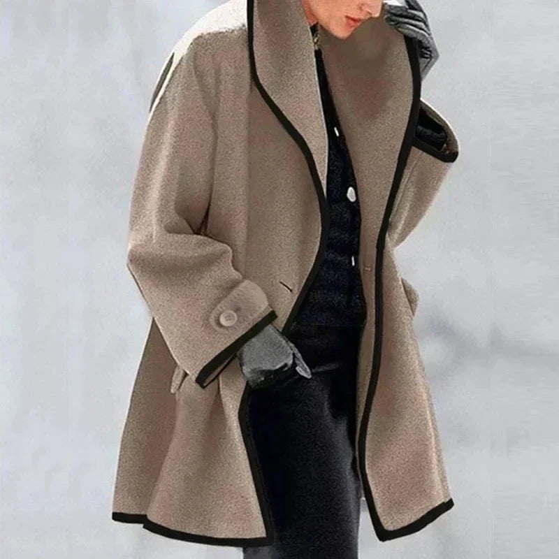 Emma Blau Eleganter Wollmix-Mantel für Damen | Kontrastbesatz Oversized Winter Stil - S/M/L/XL/2XL/3XL/4XL/5XL