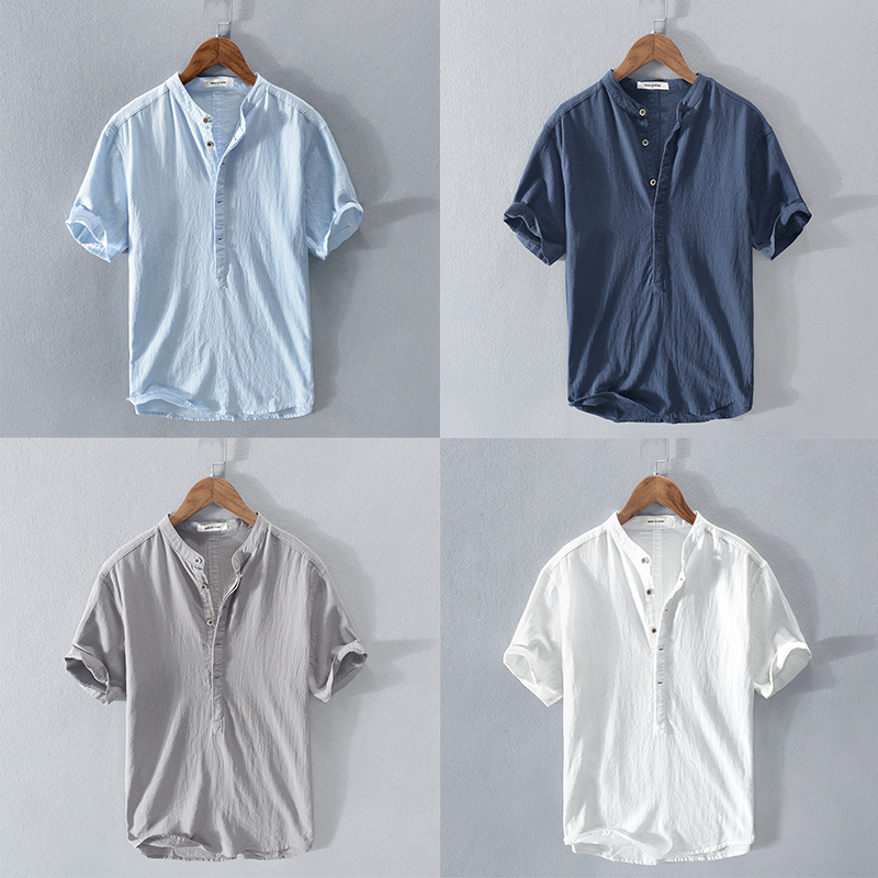 Markus Hellblau Leinenoptik Stehkragen Kurzarmhemd für Herren | Leichter Casual Fit - M/L/XL/2XL/3XL