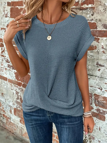 Monika Blau Waffelstrick-Top mit Twist-Saum für Damen | Lässig Eleganter Stil - XS-2XL