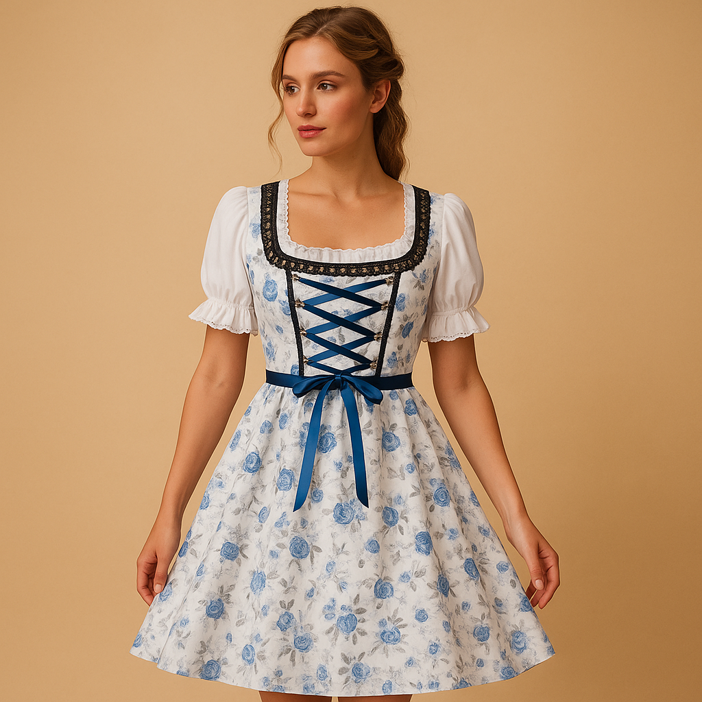 Vreni Blau Geblümtes Dirndl mit Schürze und Spitzenbesatz für Damen | Oktoberfest Trachtenkleid - S/M/L/XL