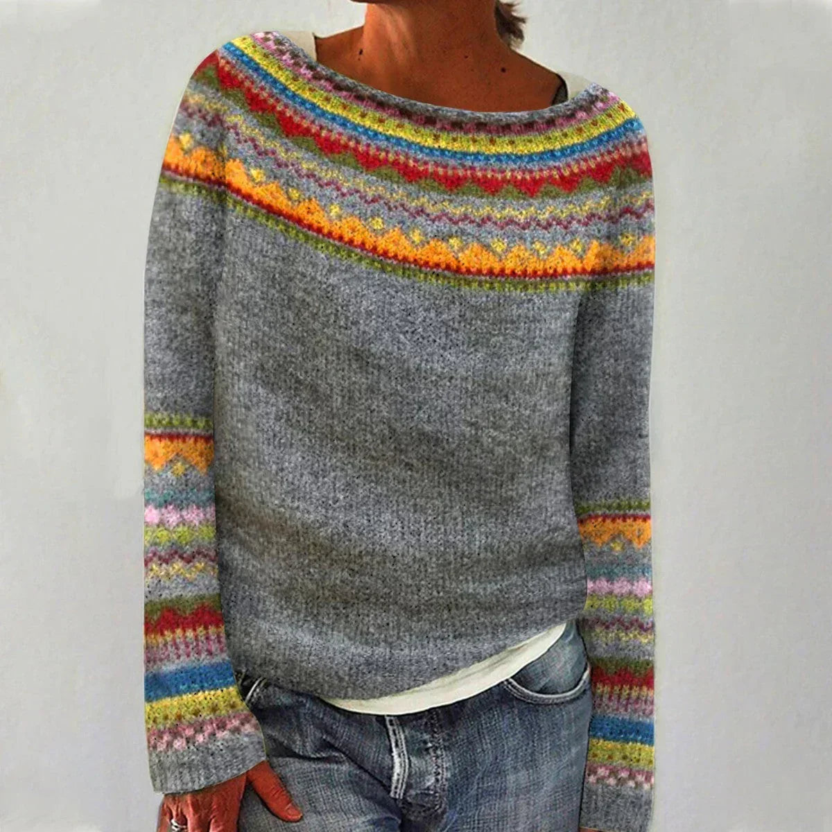 Elisabeth Grau Mehrfarbiger Gestreifter Strickpullover für Damen | Winter Casual Boho Stil - 2XS-4XL