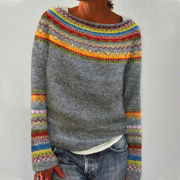 Elisabeth Grau Mehrfarbiger Gestreifter Strickpullover für Damen | Winter Casual Boho Stil - 2XS-4XL