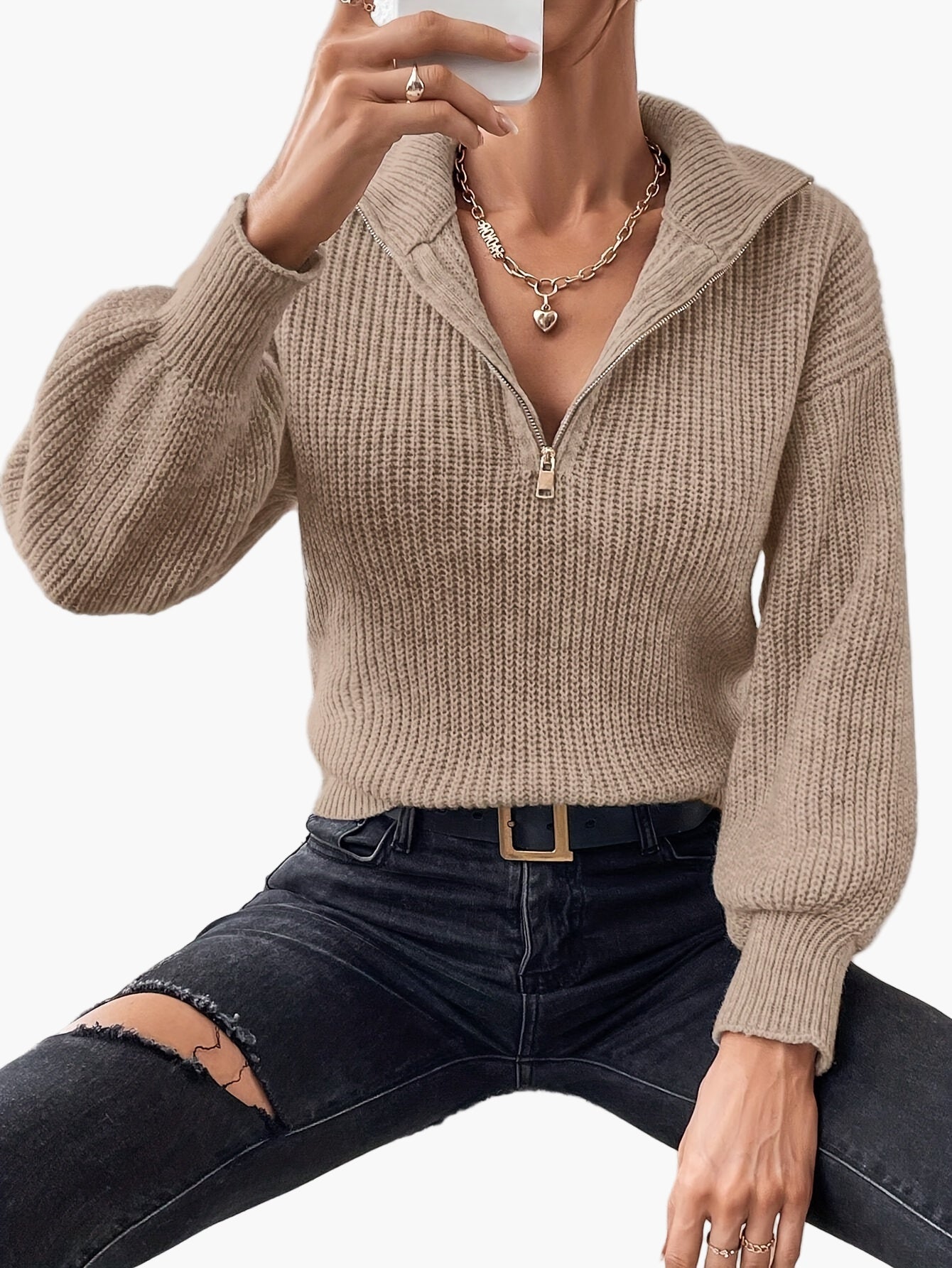 Hildegard Grün Rippenstrick Halbzip-Pullover für Damen | Casual Lapelkragen Langarm - XS/S/M/L