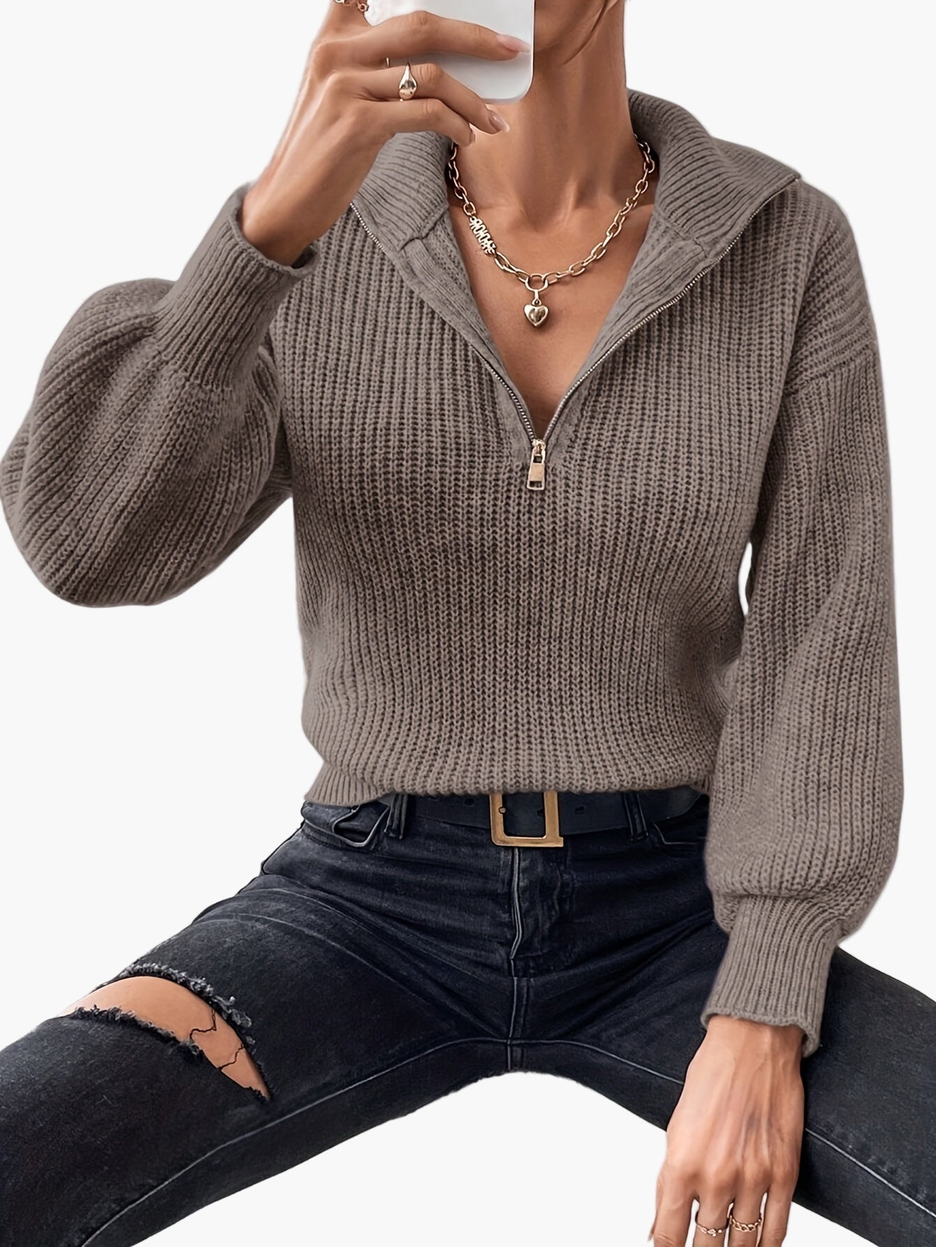 Hildegard Grün Rippenstrick Halbzip-Pullover für Damen | Casual Lapelkragen Langarm - XS/S/M/L