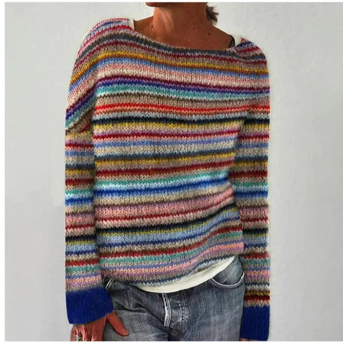 Elisabeth Grau Mehrfarbiger Gestreifter Strickpullover für Damen | Winter Casual Boho Stil - 2XS-4XL