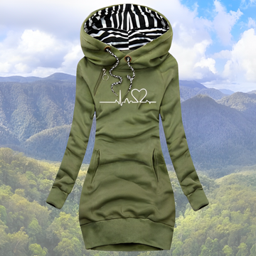 Livia Armeegrün Longline Bedruckter Kapuzenpullover für Damen | Herz-EKG-Print Casual Hoodie-Kleid - S-3XL
