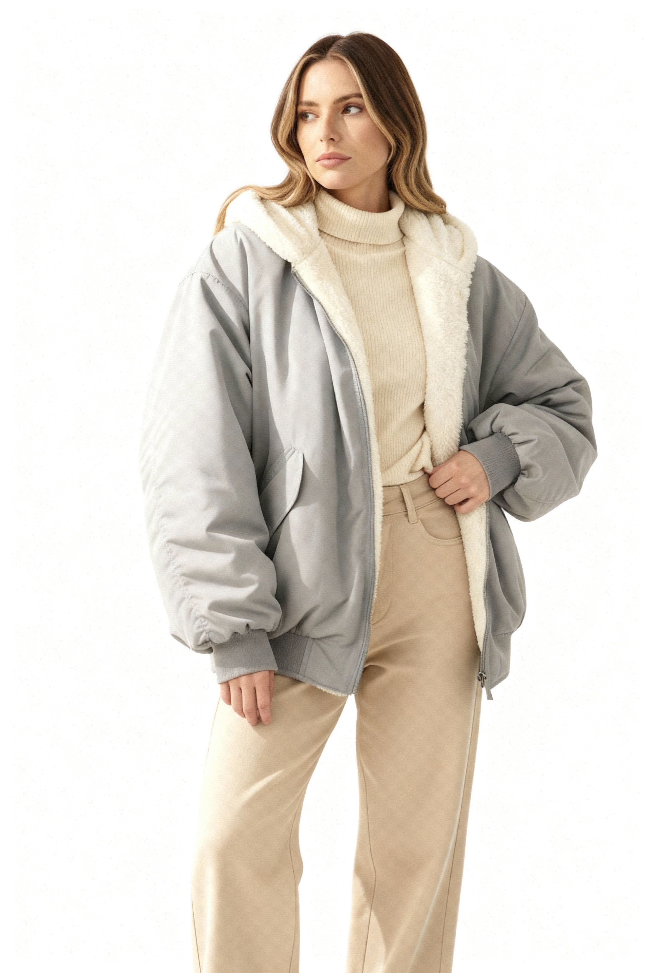 Rosemarie Grau Oversized Winterjacke mit Kapuze für Damen | Sherpa-Futter Casual Winter - S/M/L/XL/2XL