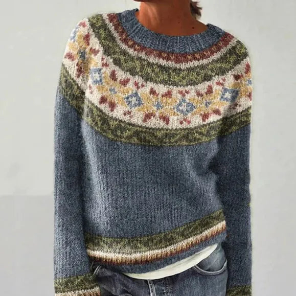Elisabeth Grau Mehrfarbiger Gestreifter Strickpullover für Damen | Winter Casual Boho Stil - 2XS-4XL