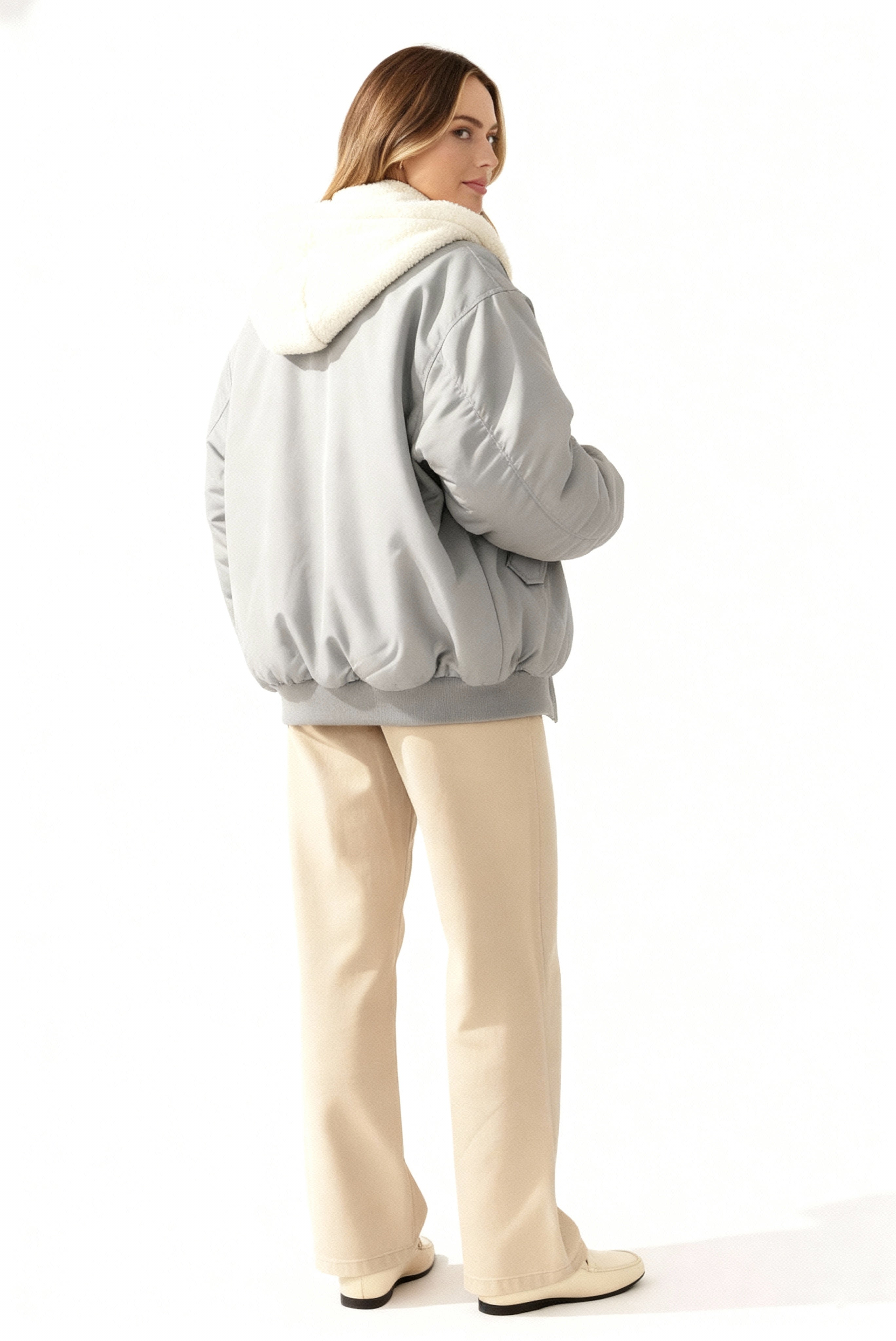 Rosemarie Grau Oversized Winterjacke mit Kapuze für Damen | Sherpa-Futter Casual Winter - S/M/L/XL/2XL