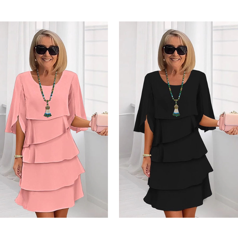 Monika Blau Gestuftes Rüschen-Kleid mit Flutter-Ärmeln für Damen | Leicht Fliessend | Alltag & Events - S/M/L/XL/2XL/3XL