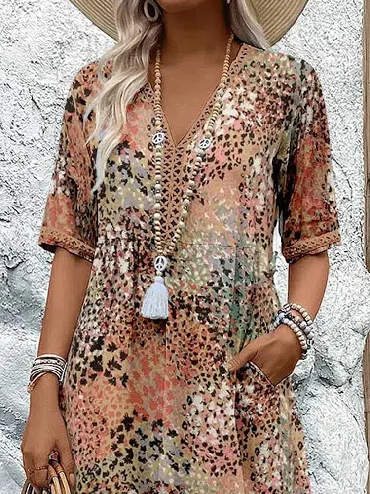 Vreni Beige Floral Print V-Neck Midi Dress for Women | Flowy Relaxed Fit | Sommerurlaub - S/M/L/XL/2XL/3XL