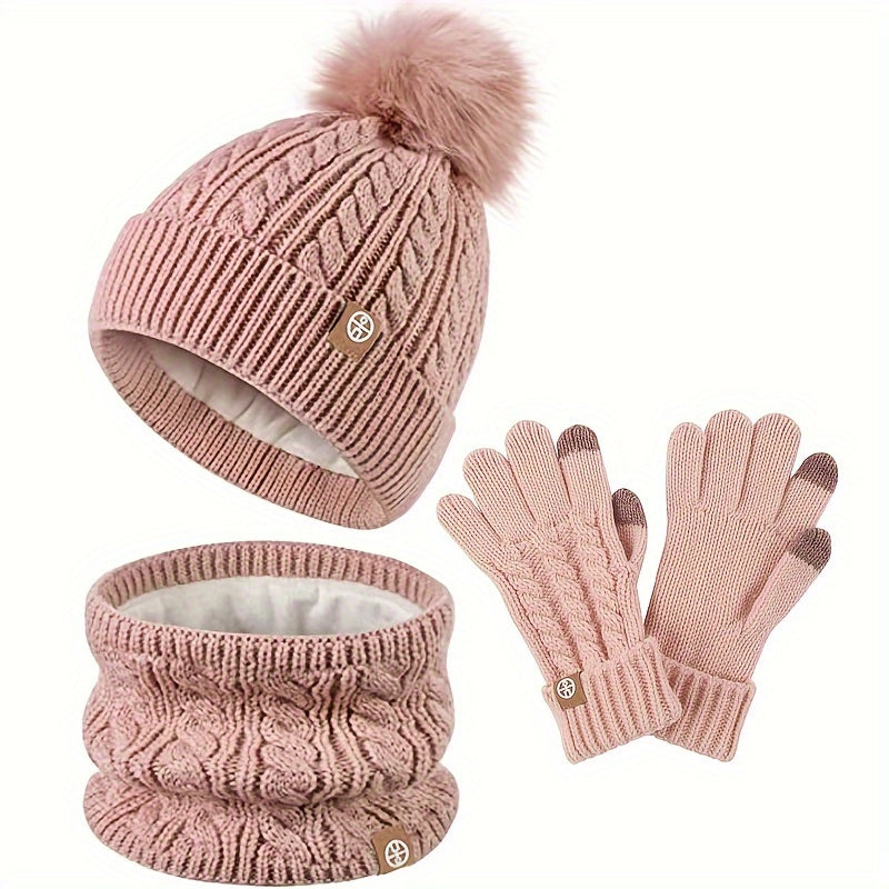 Silvia Rot Grobstrick Winter-Set für Damen mit Mütze, Schlauchschal und Handschuhen | Gefüttert Warm
