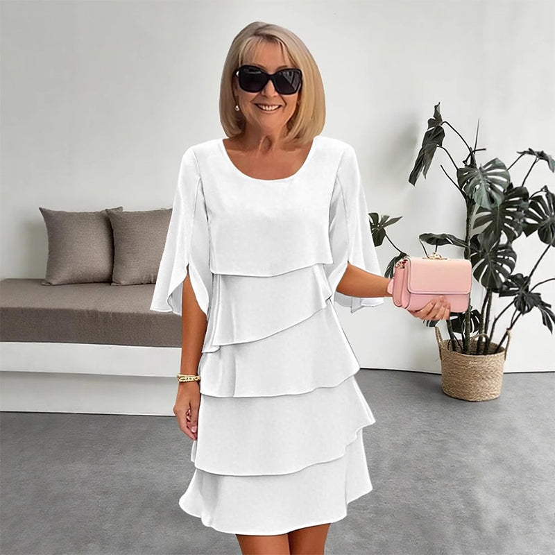 Monika Blau Gestuftes Rüschen-Kleid mit Flutter-Ärmeln für Damen | Leicht Fliessend | Alltag & Events - S/M/L/XL/2XL/3XL