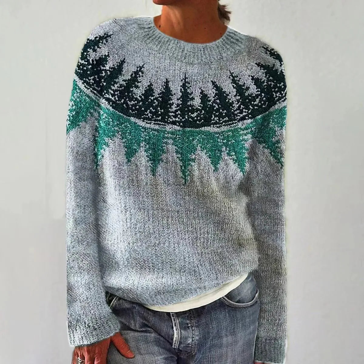 Elisabeth Grau Mehrfarbiger Gestreifter Strickpullover für Damen | Winter Casual Boho Stil - 2XS-4XL