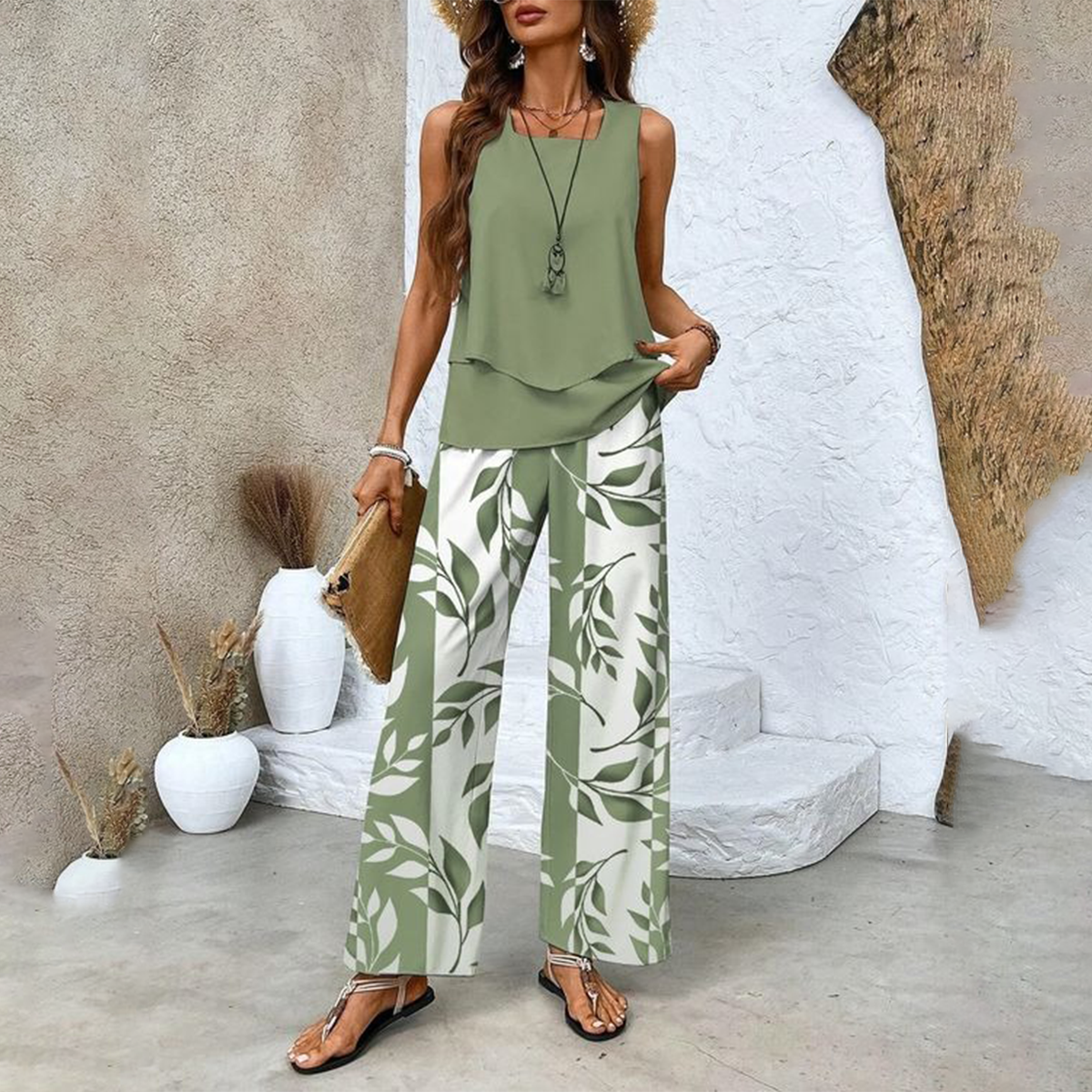 Monika Grünes Blatt Ärmellos Blattdruck Zweiteiler Damen-Set | Leichter Fliessender Look | Sommer Casual - S-3XL