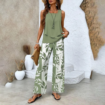 Monika Grünes Blatt Ärmellos Blattdruck Zweiteiler Damen-Set | Leichter Fliessender Look | Sommer Casual - S-3XL