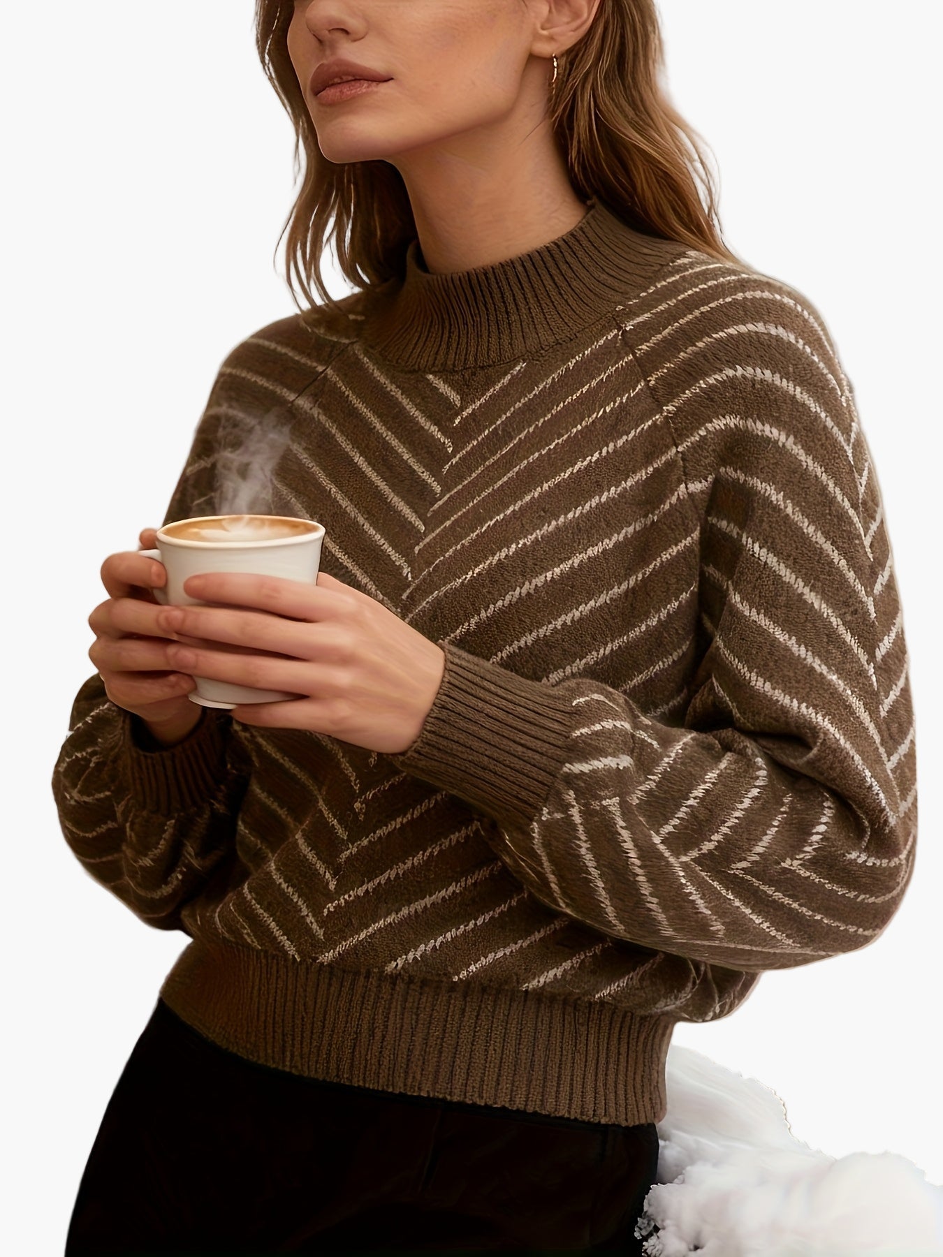 Erna Braun Zickzack Strickpullover mit Stehkragen für Damen | Herbst Winter Casual - S/M/L/XL