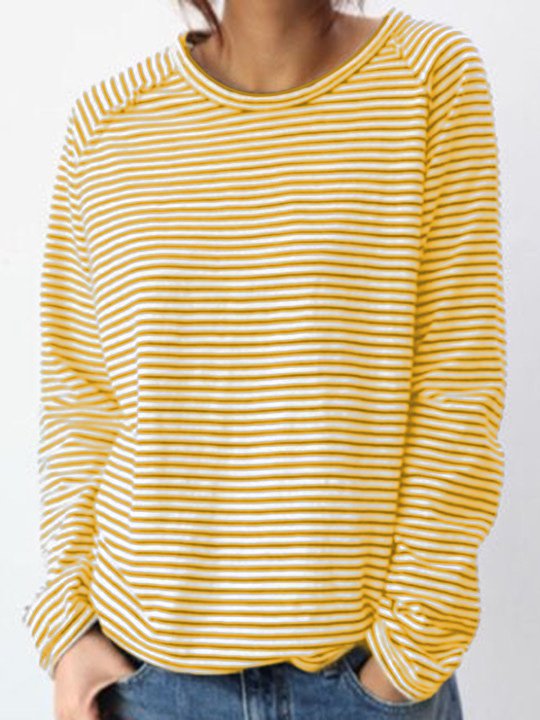 Monika Weiß Gestreiftes Rundhals Langarm-Top für Damen | Lockere Passform Lässiger Stil | Alltag & Freizeit - S/M