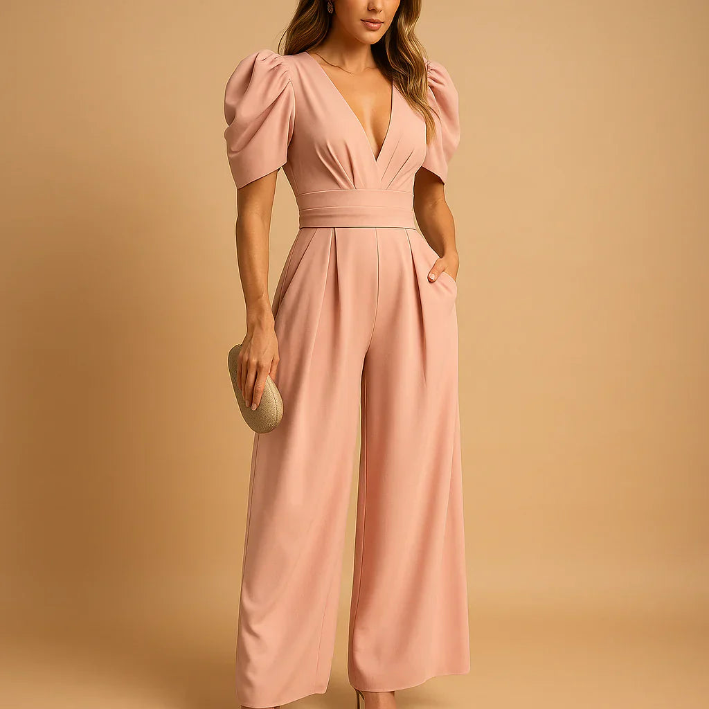 Anita Lachs Puffärmel V-Ausschnitt Weites-Bein Jumpsuit für Damen | Elegante Figurnahe Passform | Hochzeit - S/M/L/XL/2XL/3XL
