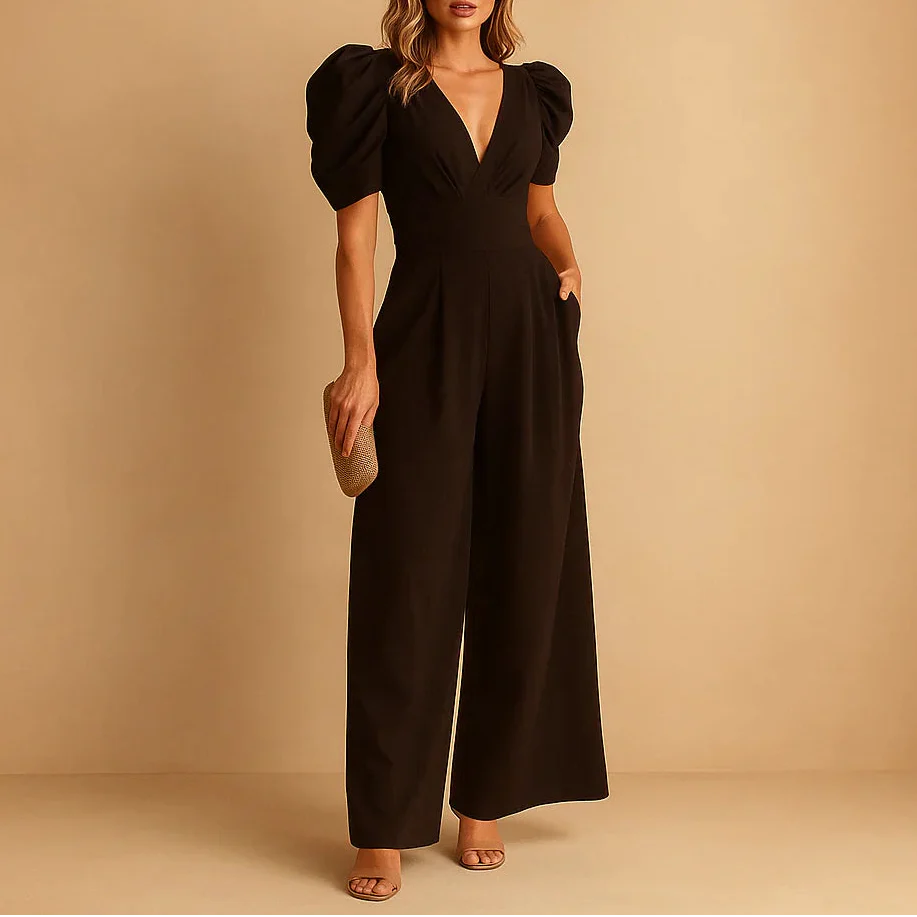 Anita Lachs Puffärmel V-Ausschnitt Weites-Bein Jumpsuit für Damen | Elegante Figurnahe Passform | Hochzeit - S/M/L/XL/2XL/3XL