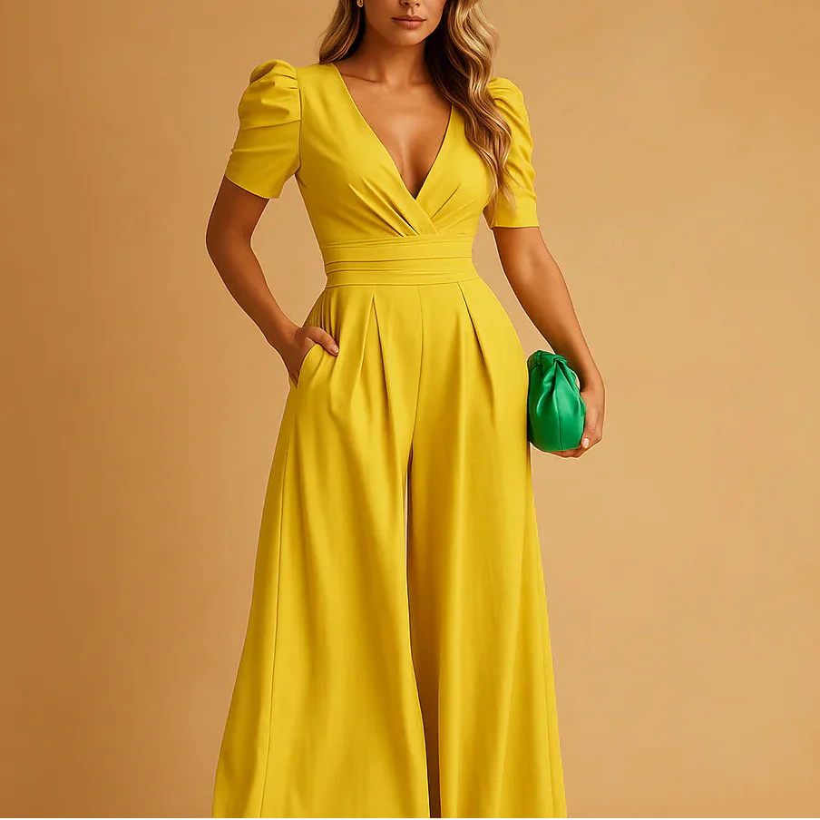 Anita Lachs Puffärmel V-Ausschnitt Weites-Bein Jumpsuit für Damen | Elegante Figurnahe Passform | Hochzeit - S/M/L/XL/2XL/3XL