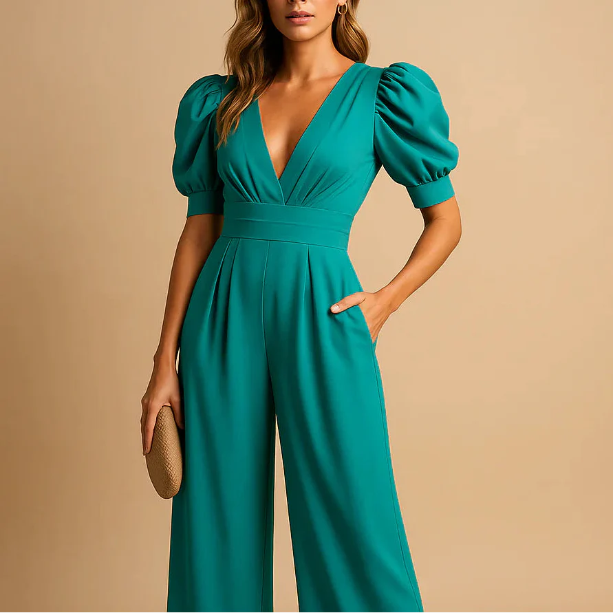 Anita Lachs Puffärmel V-Ausschnitt Weites-Bein Jumpsuit für Damen | Elegante Figurnahe Passform | Hochzeit - S/M/L/XL/2XL/3XL