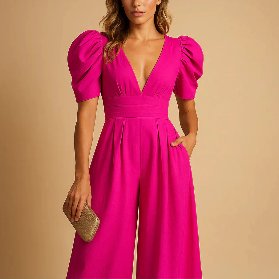 Anita Lachs Puffärmel V-Ausschnitt Weites-Bein Jumpsuit für Damen | Elegante Figurnahe Passform | Hochzeit - S/M/L/XL/2XL/3XL