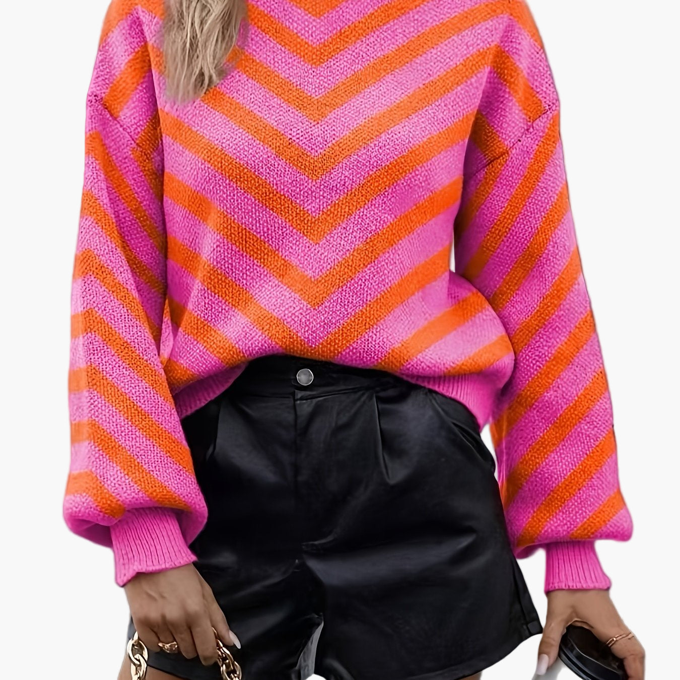 Eva Orangerot Oversized Zickzack-Strickpullover für Damen | Casual Herbst und Winter - S/M/L/XL