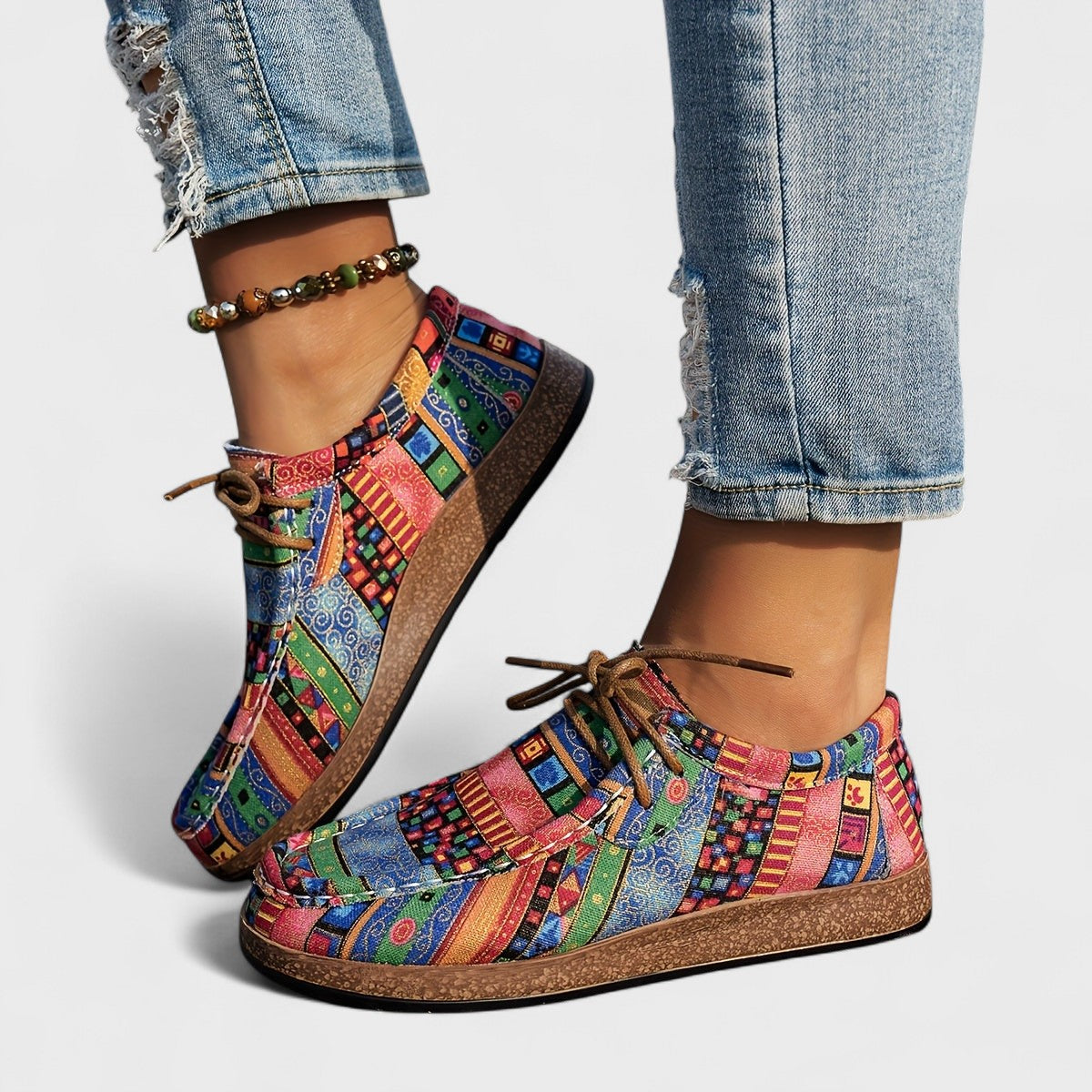 Hanna Rot Ethnisches Patchwork Lace-Up Plateau-Sneaker für Damen | Leichter Komfort Boho-Stil