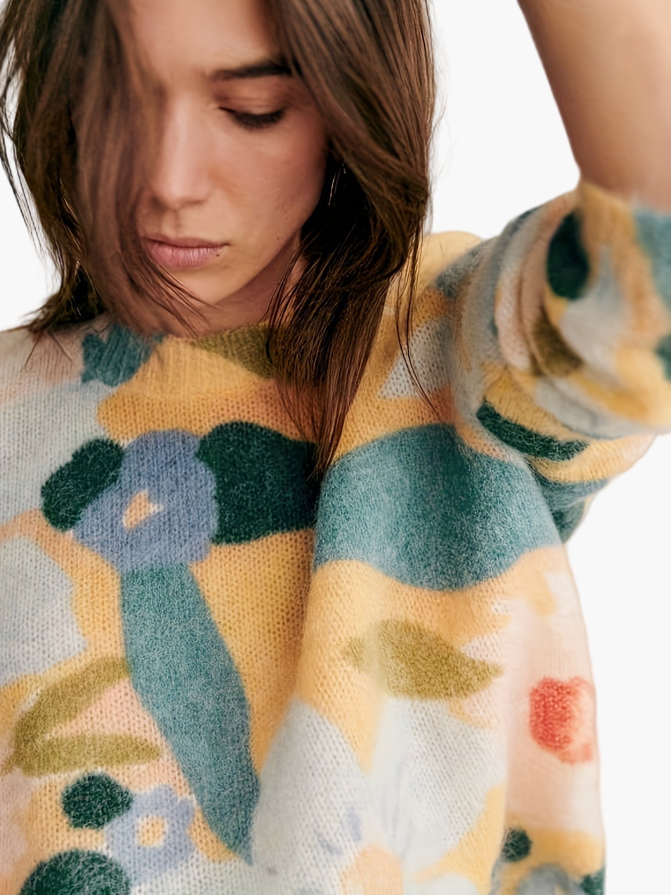 Margret Mehrfarbig Geblümter Strickpullover für Damen | Abstraktes Muster Herbst Winter Casual - S/M/L/XL