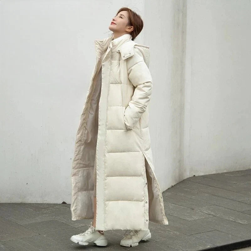Monika Beige Langer Steppmantel mit Kapuze für Damen | Winter Isoliert Loose Fit - S/M/L/XL/2XL/3XL