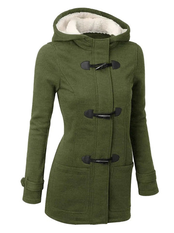 Monika Grün Isolierter Wintermantel mit Kapuze für Damen | Fleece-Innenfutter Knebelknöpfe Casual - S/M/L/XL/2XL/3XL