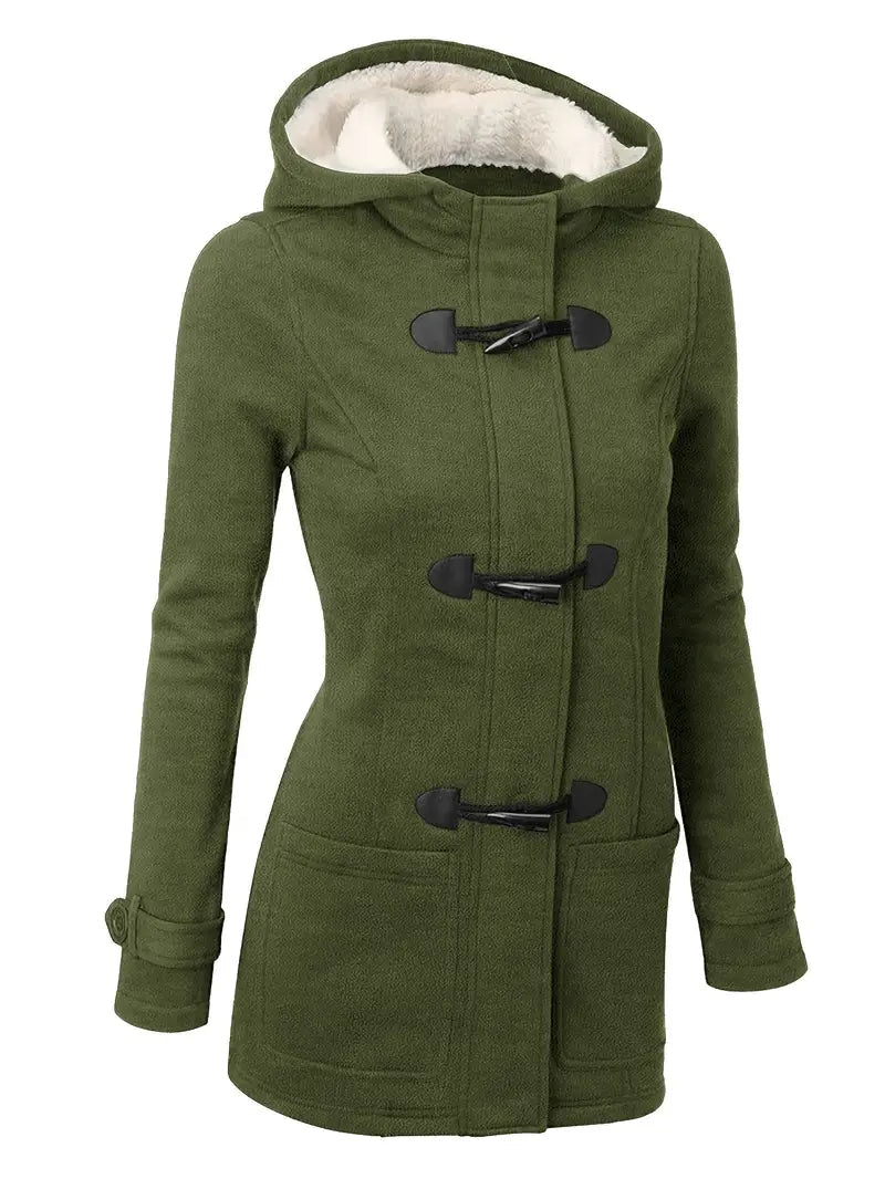 Monika Grün Isolierter Wintermantel mit Kapuze für Damen | Fleece-Innenfutter Knebelknöpfe Casual - S/M/L/XL/2XL/3XL
